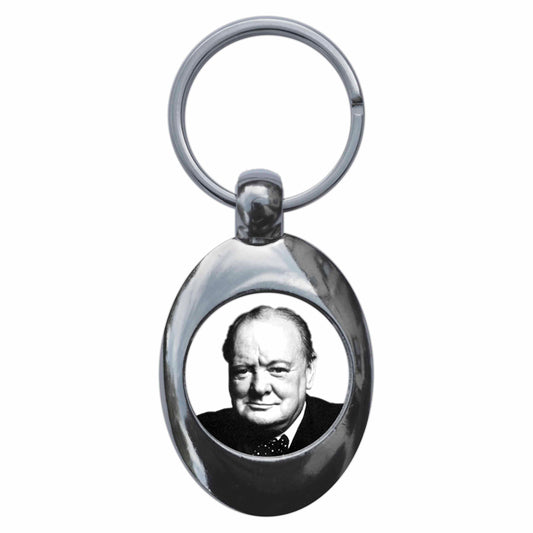 A picture of the front of the product, titled Winston Churchill Metal Keyring With Trolley Coin