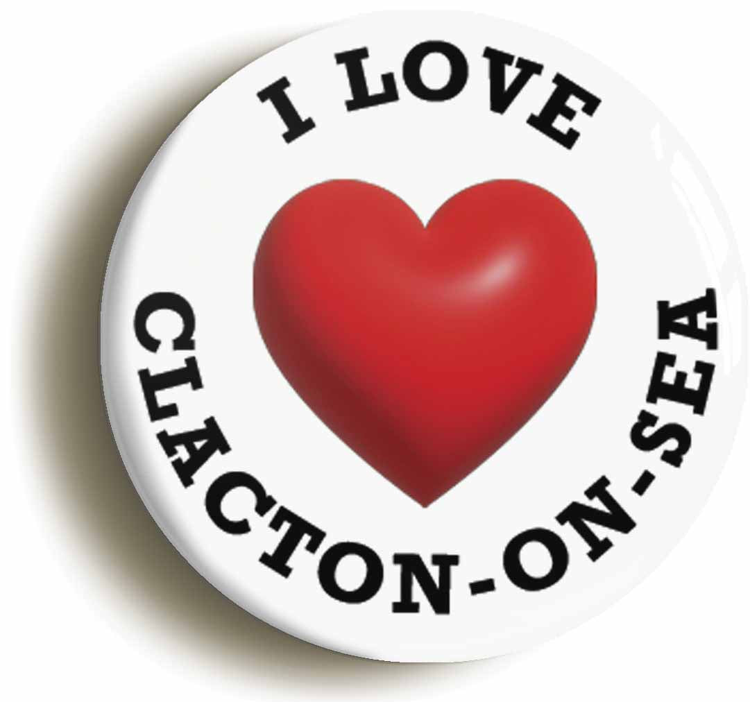 A picture of the front of the product, titled I Heart Love Clacton-On-Sea Location Circular 50mm Fridge Magnet