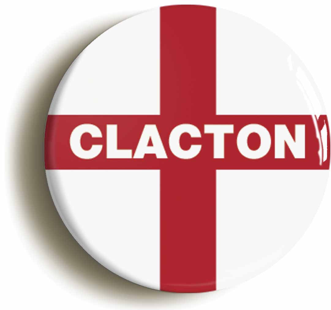 A picture of the front of the product, titled Clacton England Flag Circular 50mm Fridge Magnet