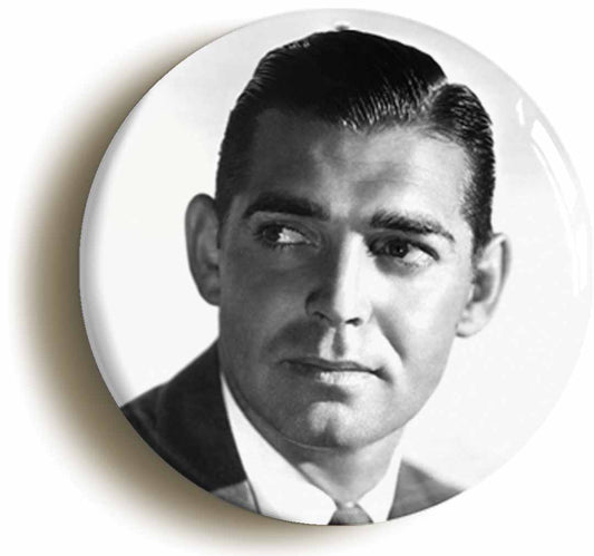 A picture of the front of the product, titled Clark Gable Retro Hollywood Button Pin Badge