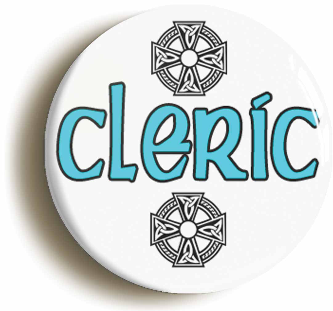 A picture of the front of the product, titled Cleric RPG Role Playing Game Button Pin Badge