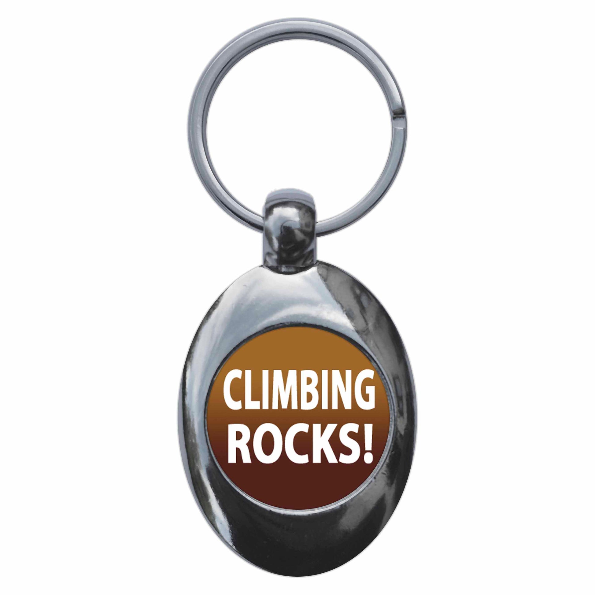 A picture of the front of the product, titled Climbing Rocks Metal Keyring With Trolley Coin