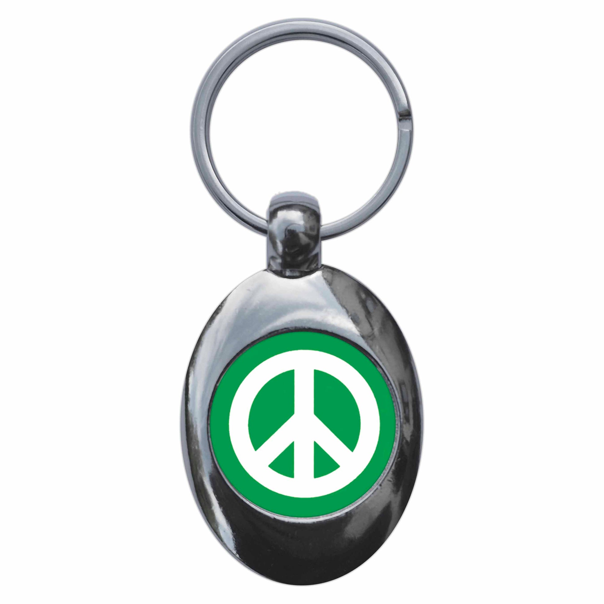 A picture of the front of the product, titled Green CND Symbol Metal Keyring With Trolley Coin