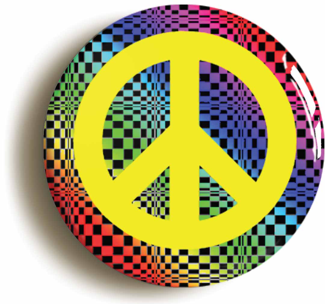 A picture of the front of the product, titled Psychedelic Sixties Peace Symbol Button Pin Badge