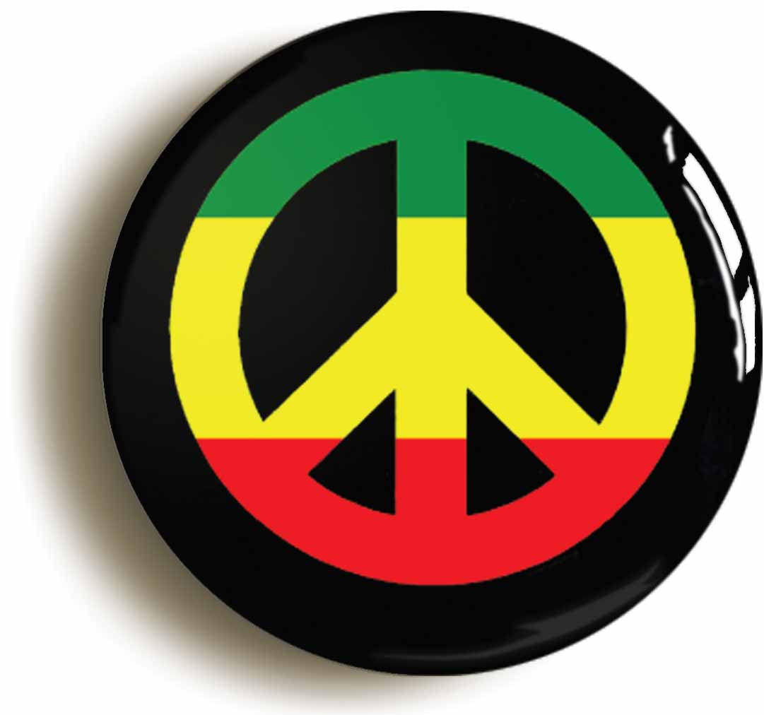 A picture of the front of the product, titled Rasta Peace CND Symbol Rastafarian Button Pin Badge