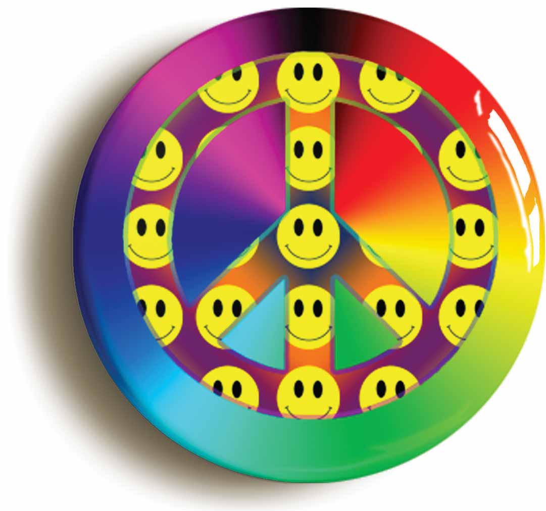 A picture of the front of the product, titled Happy Smiling Peace Acid House Retro Rave Button Pin Badge