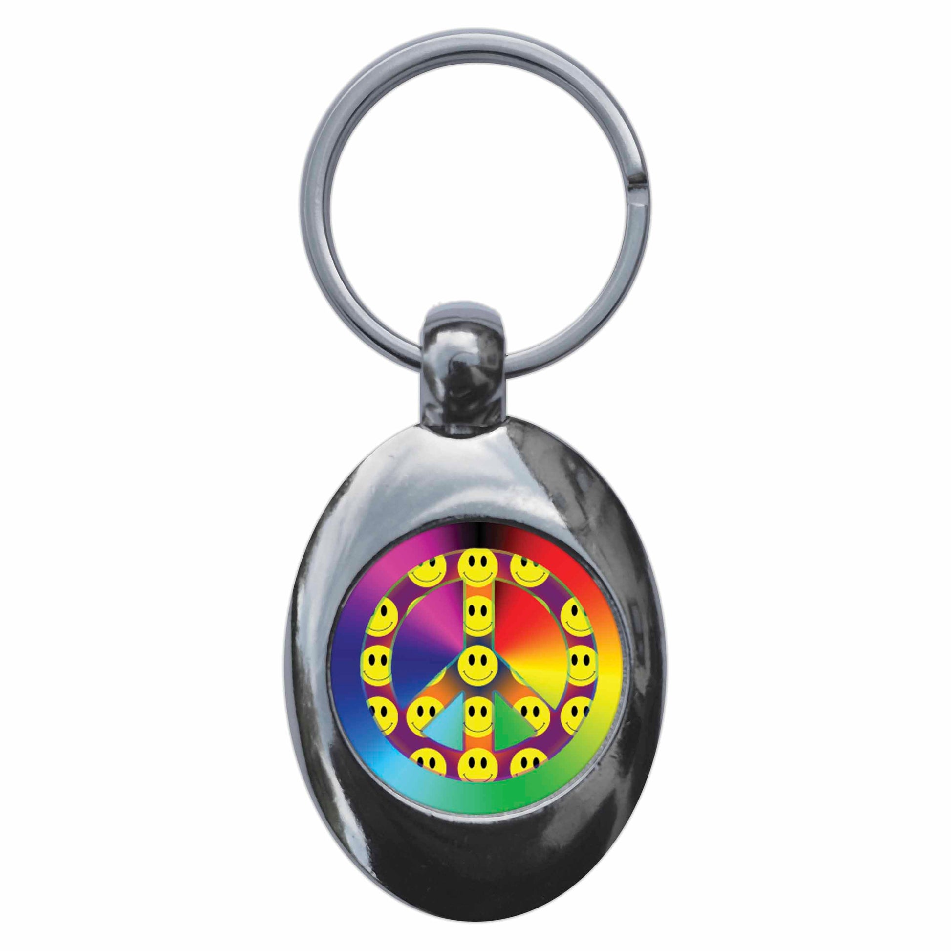A picture of the front of the product, titled Smiling Face CND Symbol Metal Keyring With Trolley Coin