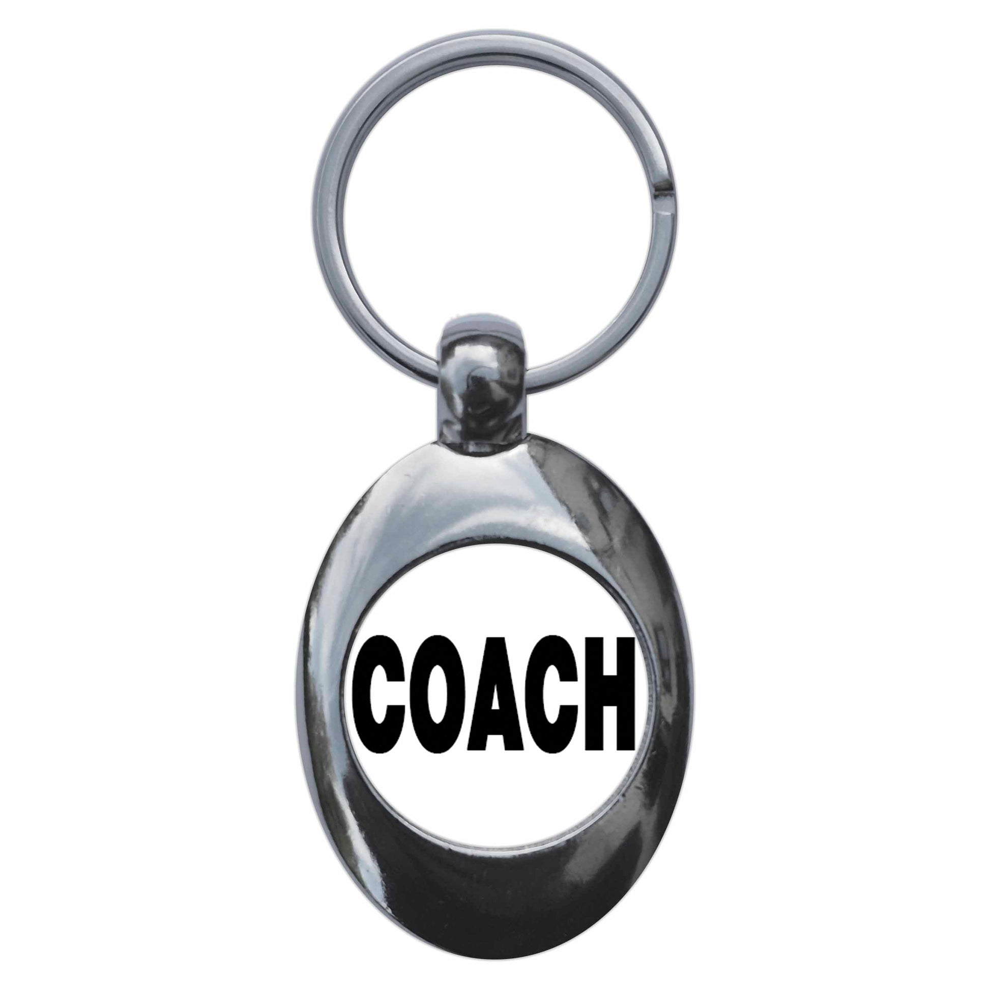 A picture of the front of the product, titled Coach Metal Keyring With Trolley Coin
