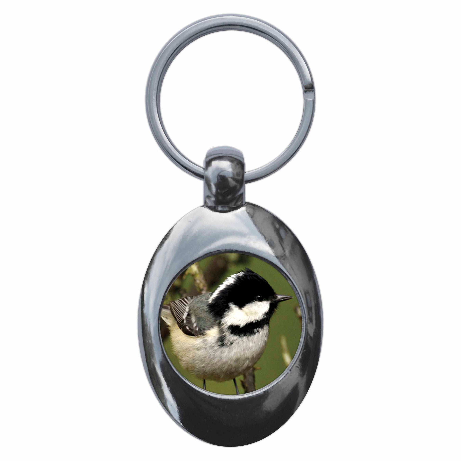 A picture of the front of the product, titled Coal Tit Metal Keyring With Trolley Coin