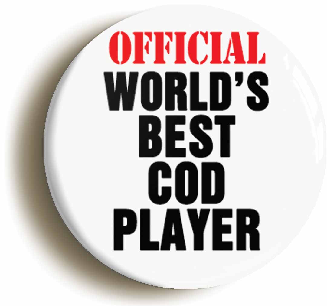 A picture of the front of the product, titled Official Worlds Best COD Player Funny Button Pin Badge