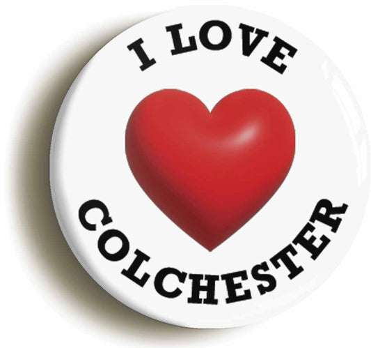 A picture of the front of the product, titled I Heart Love Colchester Location Circular 50mm Fridge Magnet