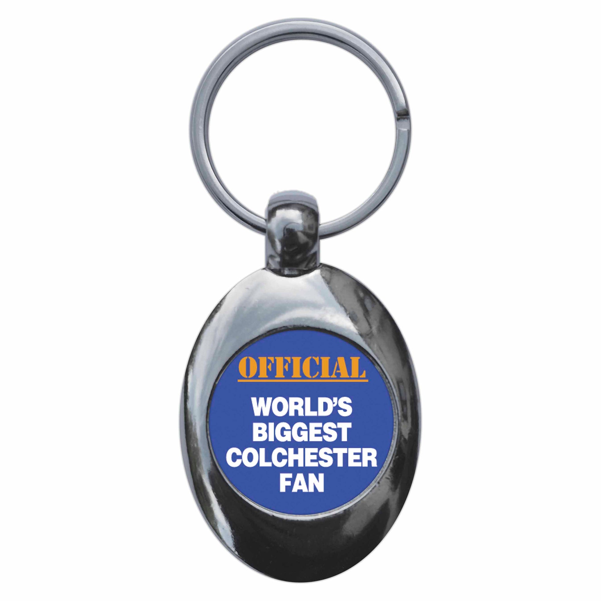 A picture of the front of the product, titled World's Biggest Colchester Fan Metal Keyring With Trolley Coin
