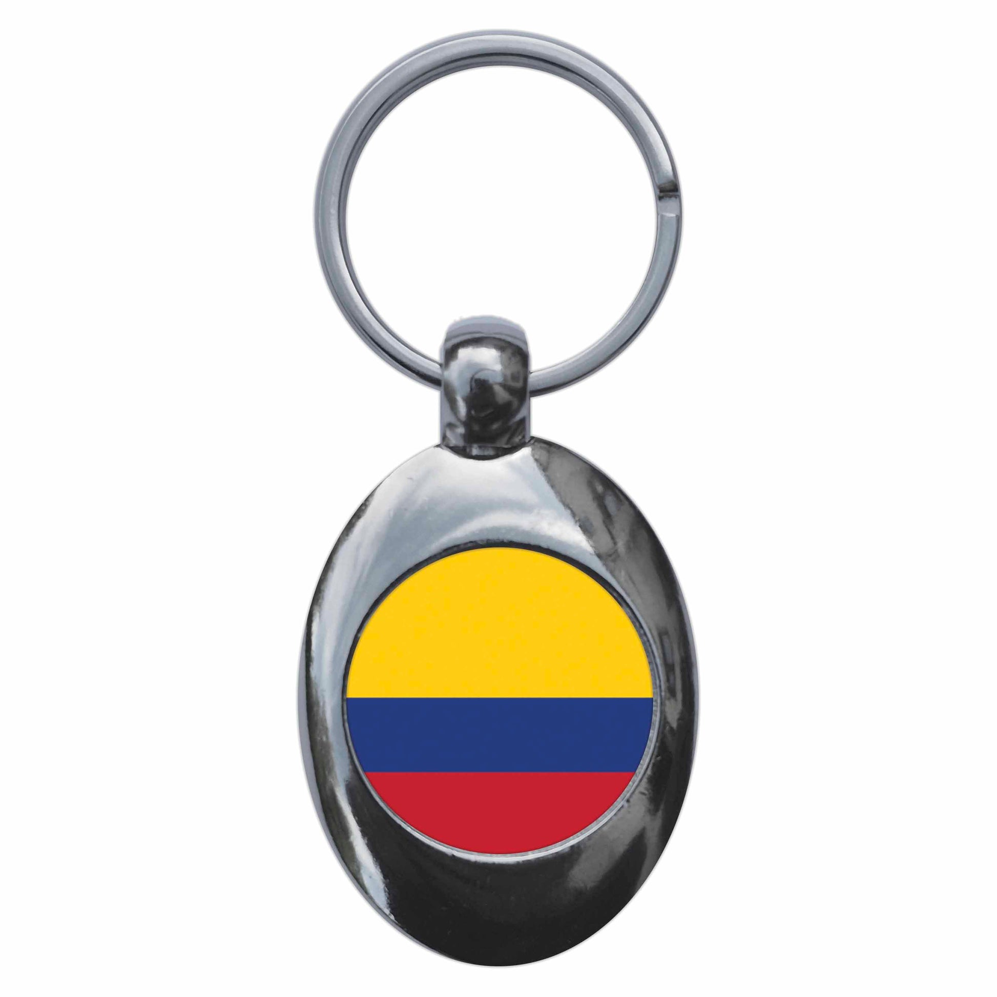A picture of the front of the product, titled Colombia Colombian National Flag Metal Keyring With Trolley Coin