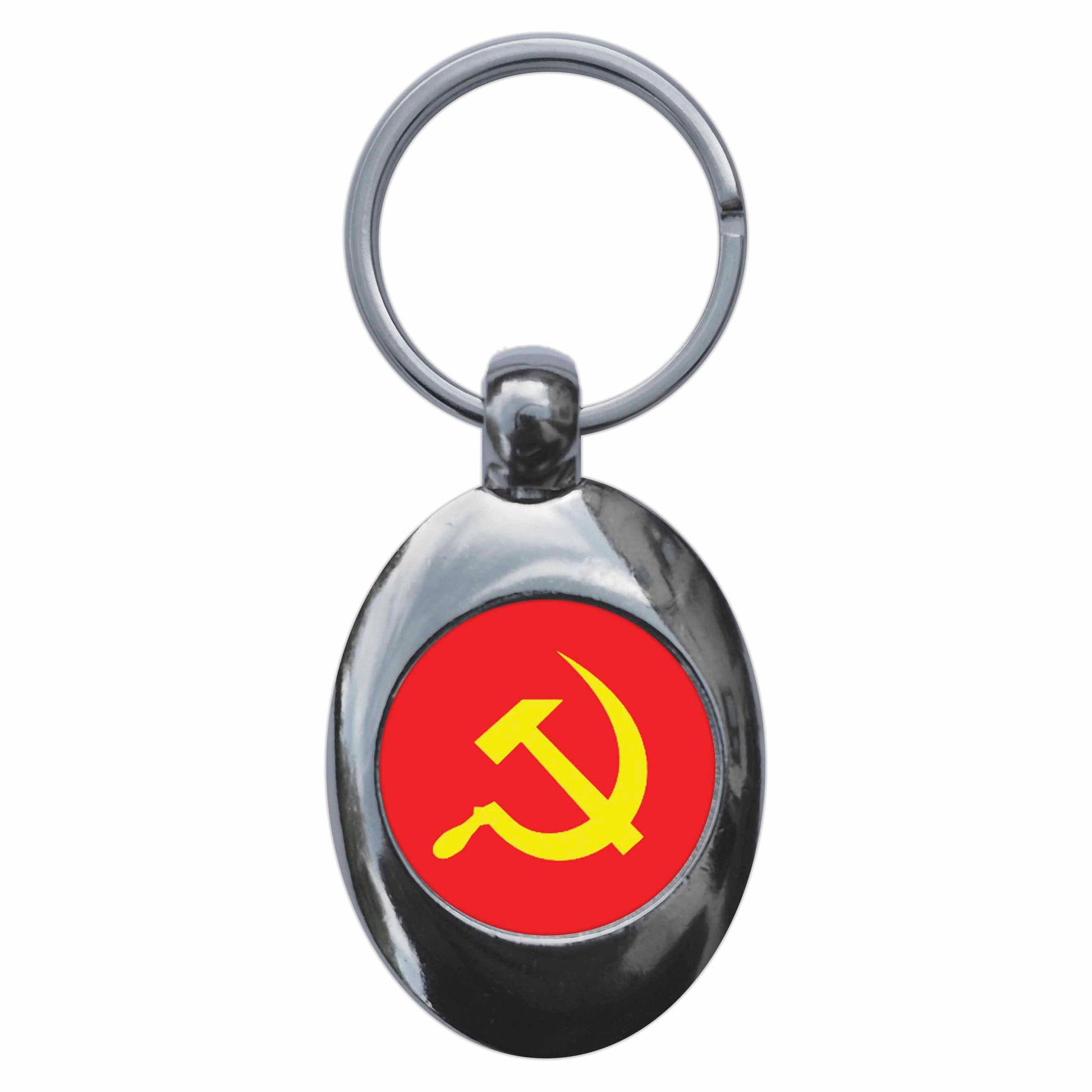 A picture of the front of the product, titled Communist Hammer And Sickle Symbol Metal Keyring With Trolley Coin