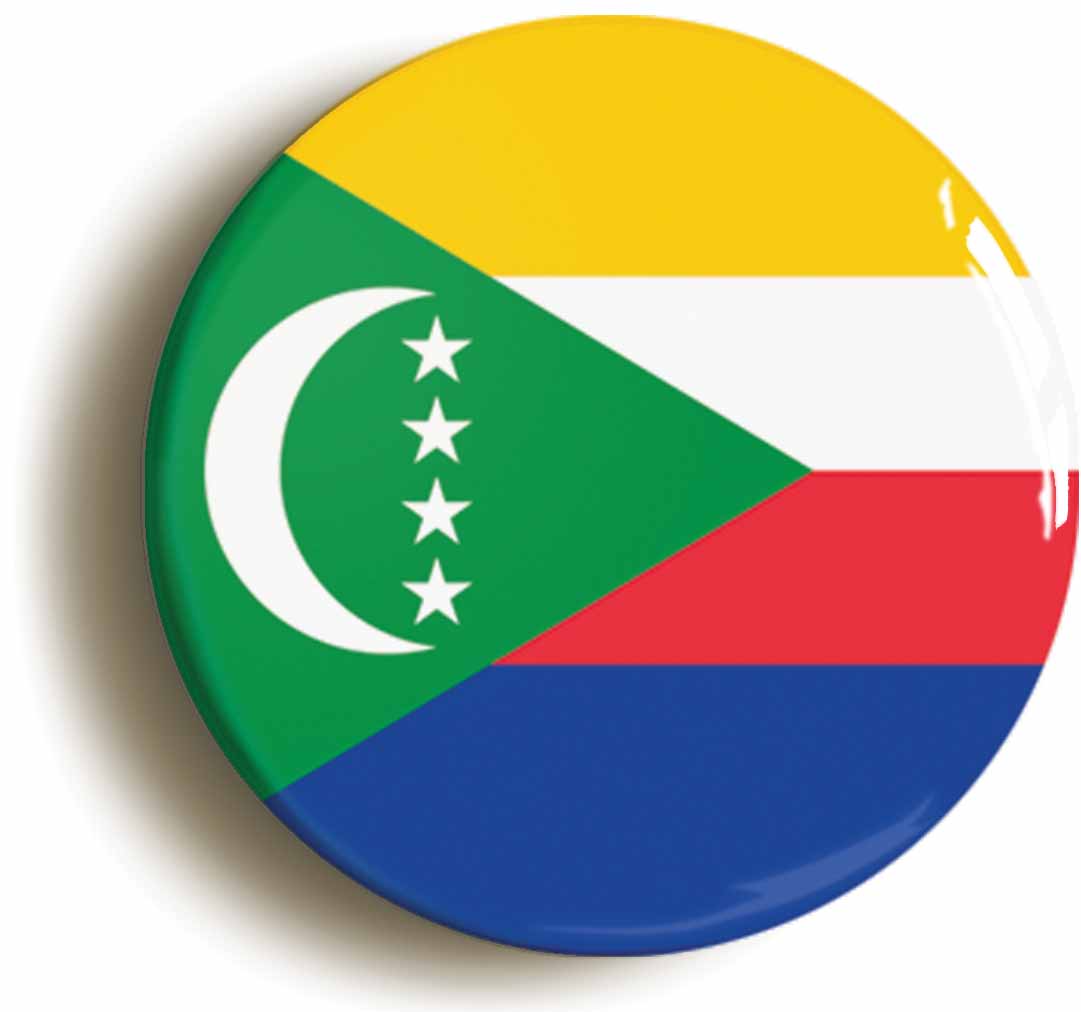 A picture of the front of the product, titled Comoros Comoran National Flag Button Pin Badge