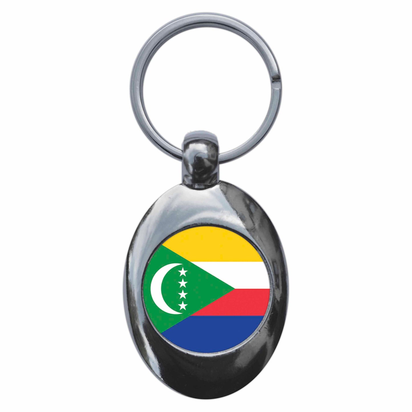 A picture of the front of the product, titled Comoros Comoran National Flag Metal Keyring With Trolley Coin