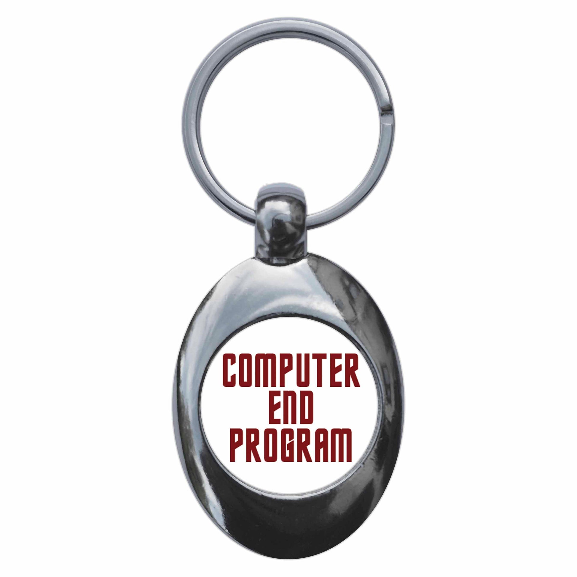 A picture of the front of the product, titled Computer End Program Metal Keyring With Trolley Coin