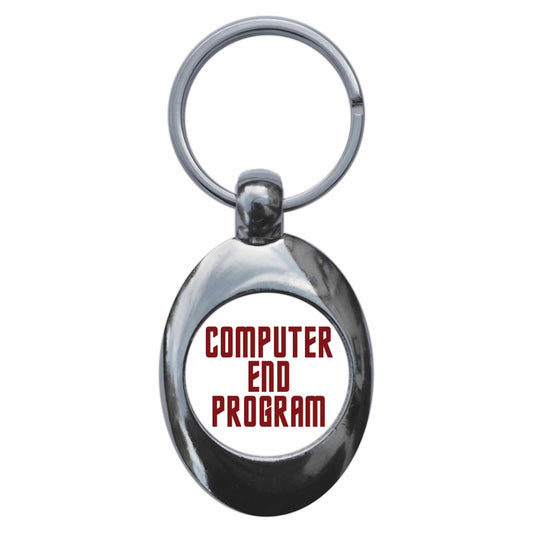 A picture of the front of the product, titled Computer End Program Metal Keyring With Trolley Coin