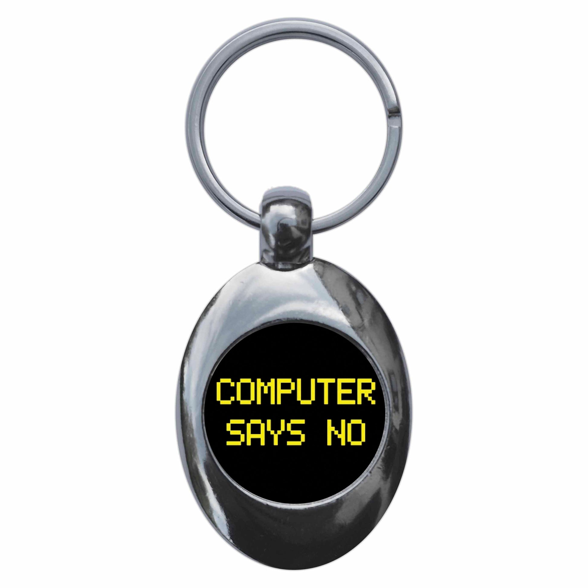 A picture of the front of the product, titled Computer Says No Metal Keyring With Trolley Coin