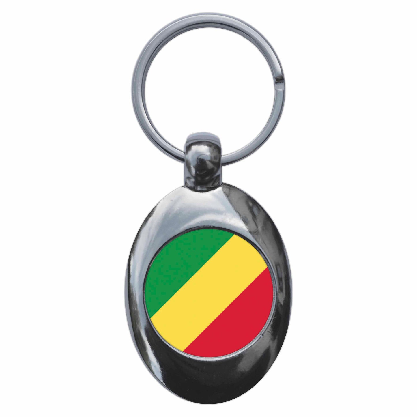 A picture of the front of the product, titled Republic Of Congo Congolese National Flag Metal Keyring With Trolley Coin