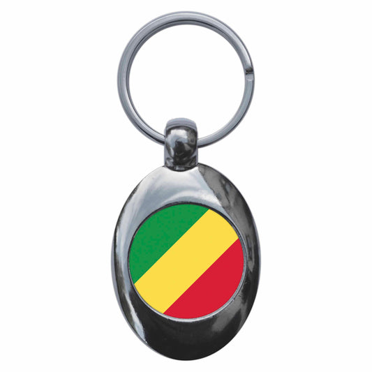 A picture of the front of the product, titled Republic Of Congo Congolese National Flag Metal Keyring With Trolley Coin