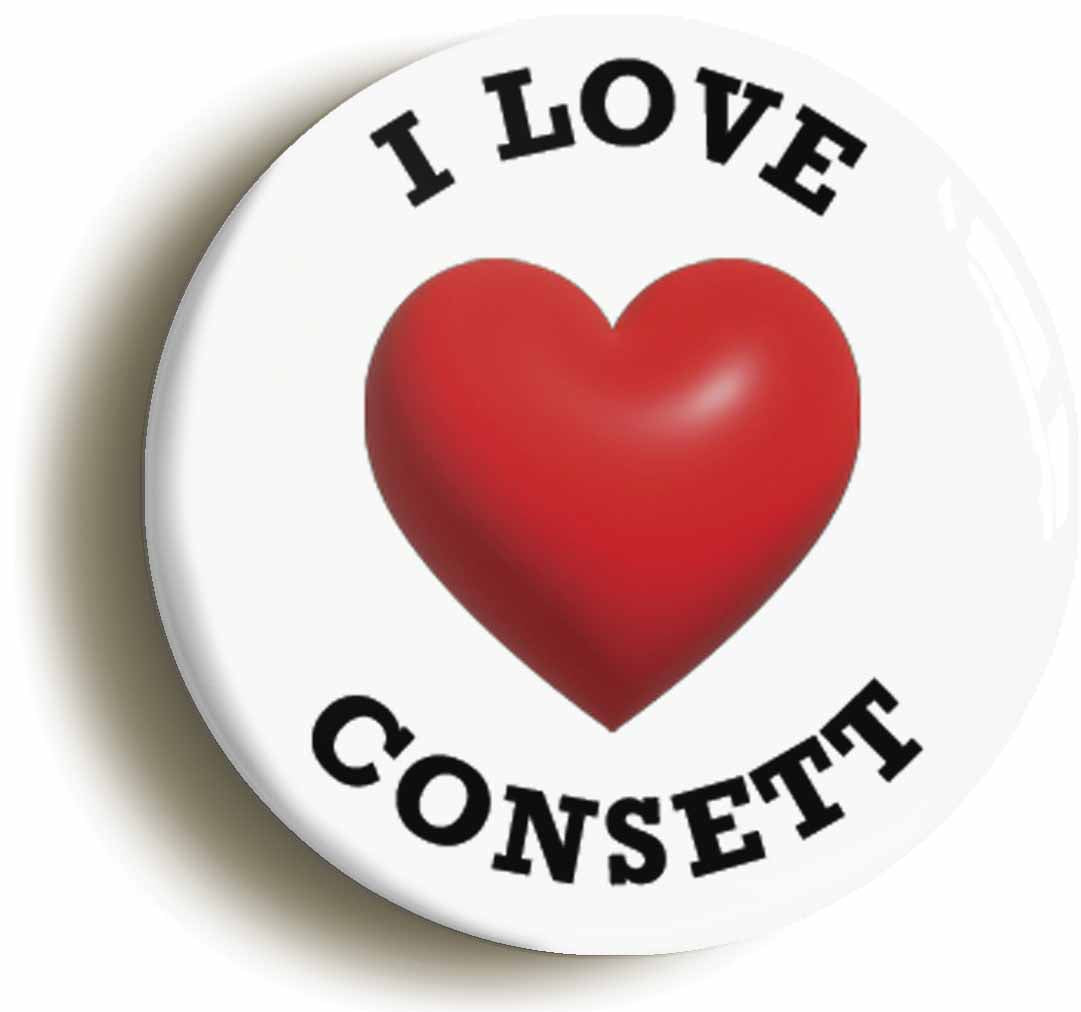 A picture of the front of the product, titled I Heart Love Consett Location Circular 50mm Fridge Magnet