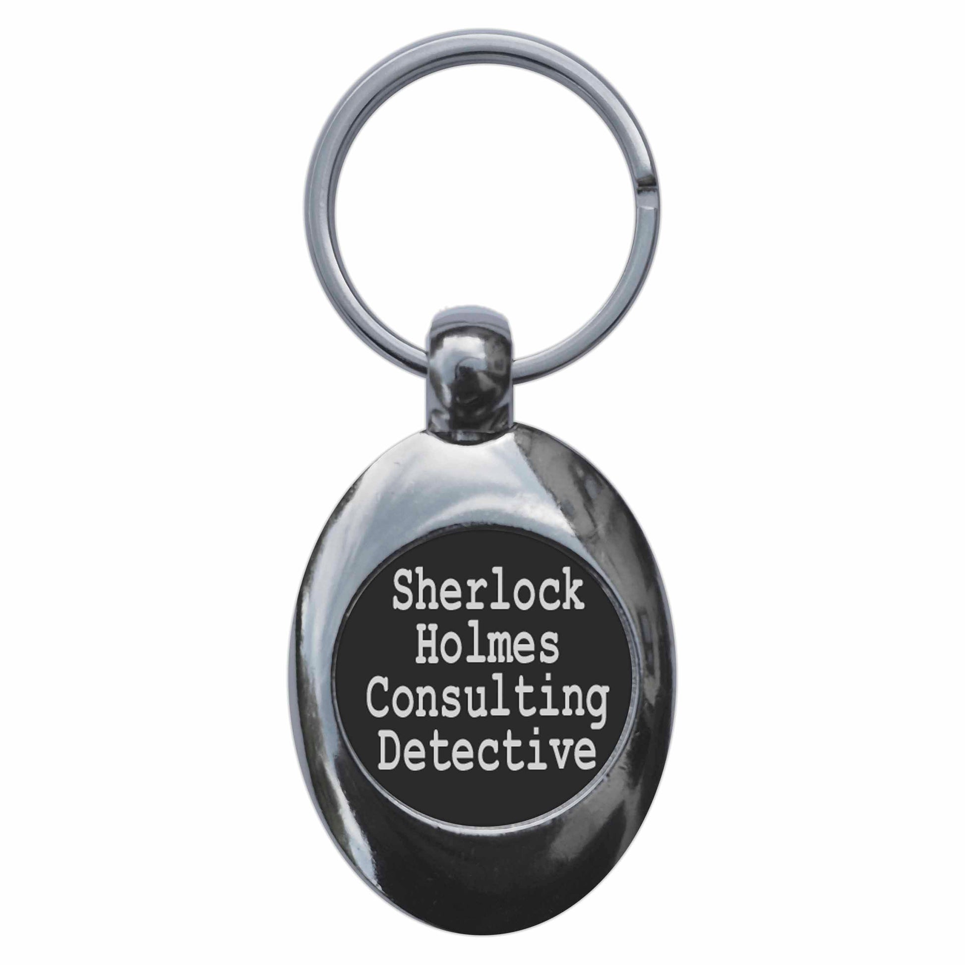 A picture of the front of the product, titled Sherlock Holmes Consulting Detective Metal Keyring With Trolley Coin