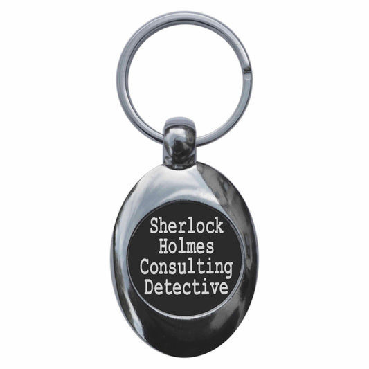 A picture of the front of the product, titled Sherlock Holmes Consulting Detective Metal Keyring With Trolley Coin