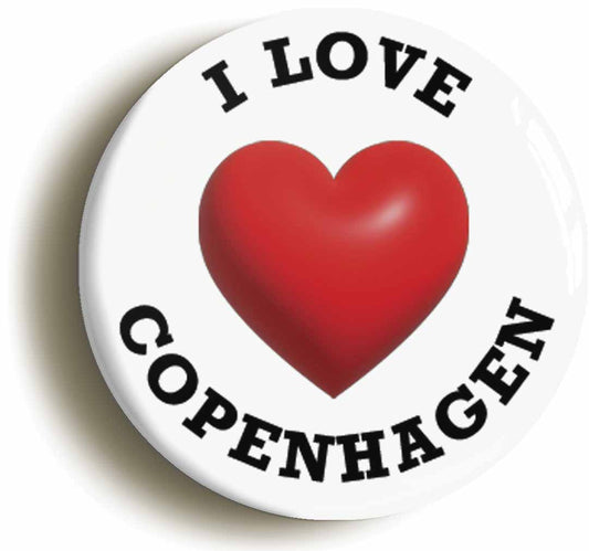 A picture of the front of the product, titled I Heart Love Copenhagen Location Circular 50mm Fridge Magnet