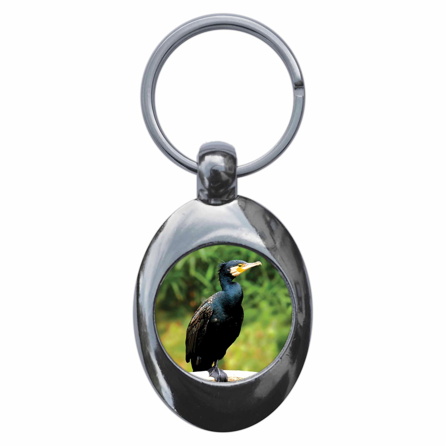 A picture of the front of the product, titled Cormorant Metal Keyring With Trolley Coin