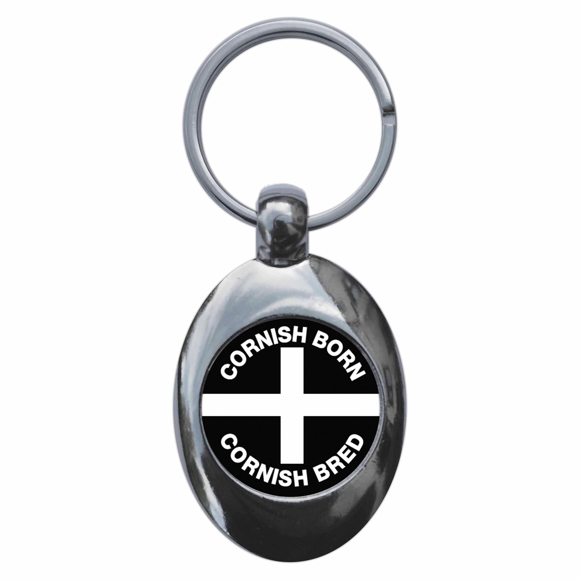 A picture of the front of the product, titled Cornish Born Cornish Bred Metal Keyring With Trolley Coin