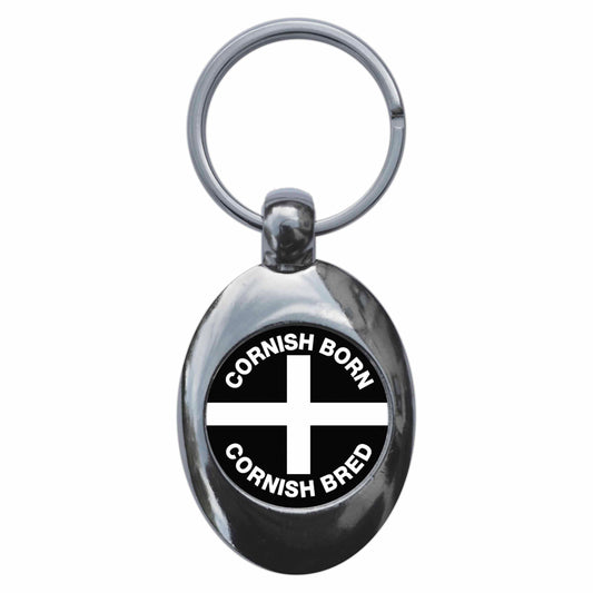A picture of the front of the product, titled Cornish Born Cornish Bred Metal Keyring With Trolley Coin