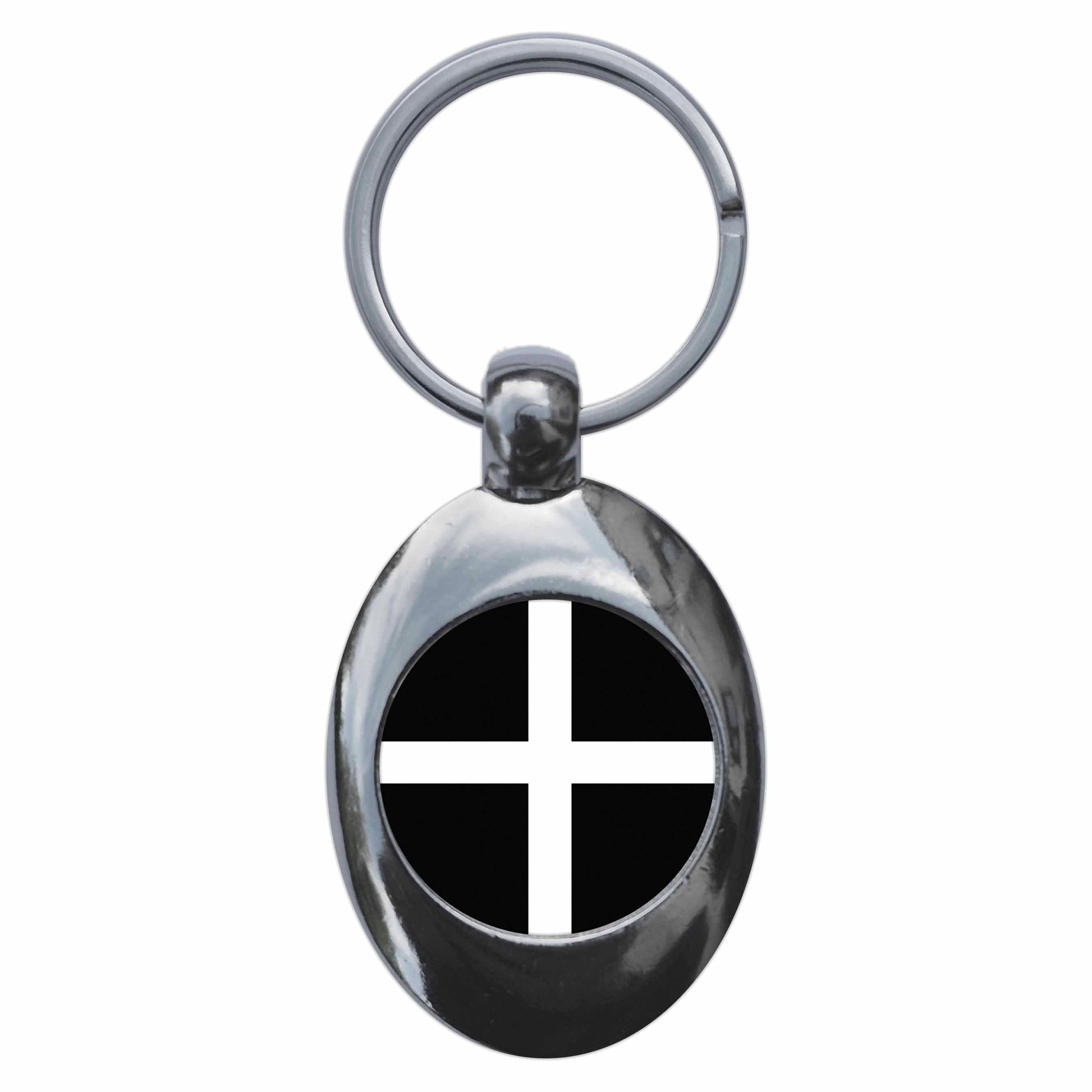 A picture of the front of the product, titled Cornish Flag Kernow Cornwall Metal Keyring With Trolley Coin