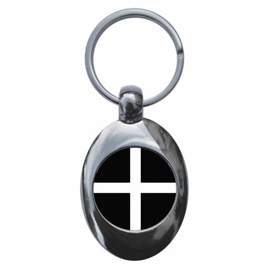 A picture of the front of the product, titled Cornish Flag Kernow Cornwall Metal Keyring With Trolley Coin