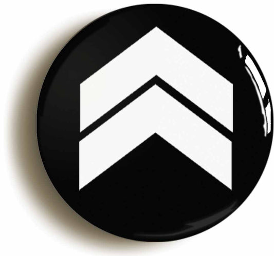 A picture of the front of the product, titled Mod Two Stripes Corporal Button Pin Badge