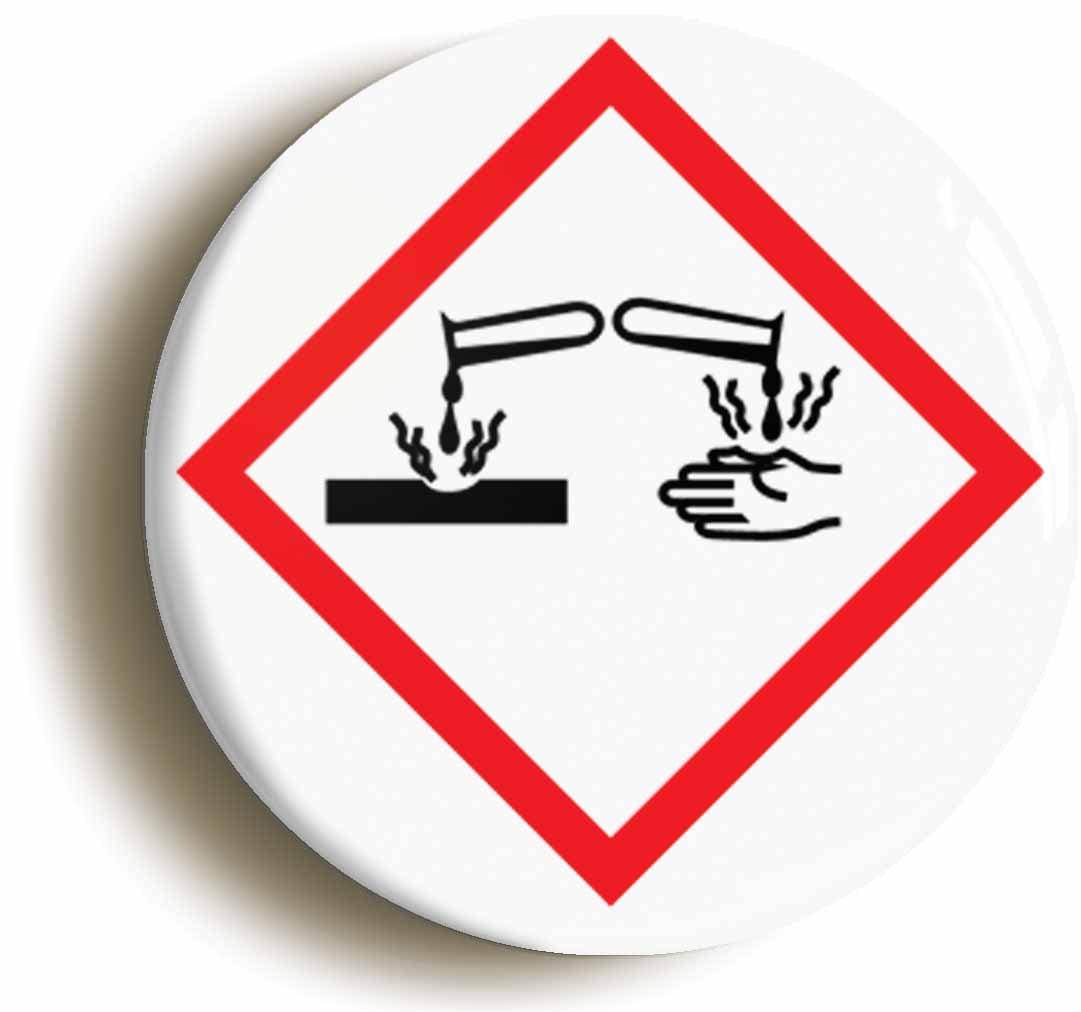 A picture of the front of the product, titled Science Hazard Corrosive Geek Button Pin Badge