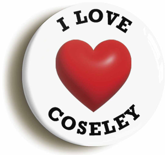 A picture of the front of the product, titled I Heart Love Coseley Location Button Pin Badge