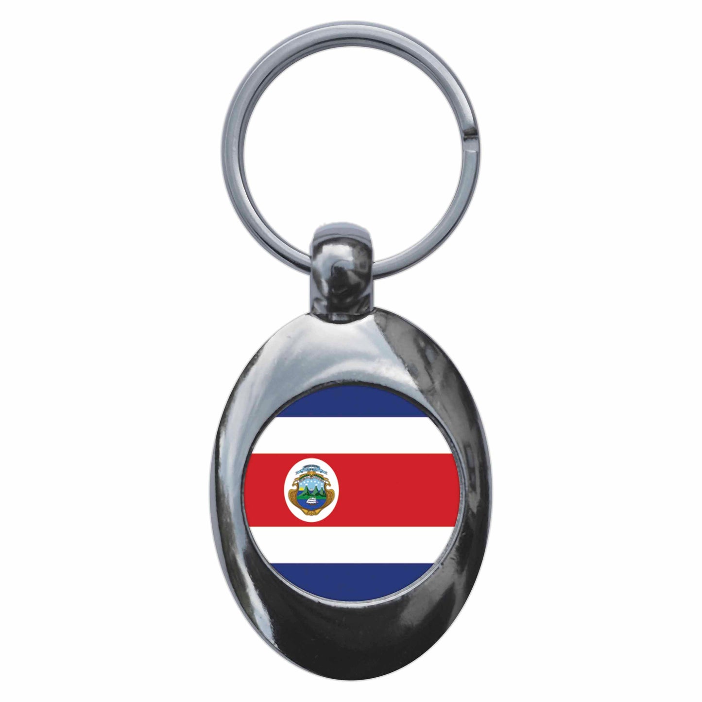 A picture of the front of the product, titled Costa Rica Rican National Flag Metal Keyring With Trolley Coin