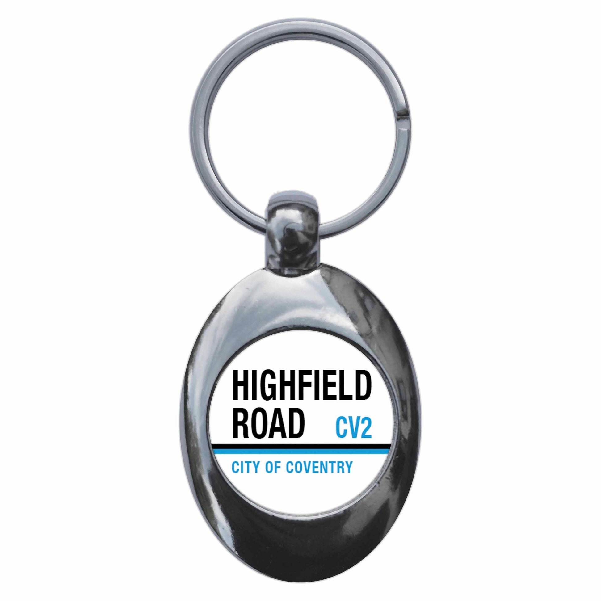 A picture of the front of the product, titled Highfield Road City Of Coventry CV2 Road Sign Metal Keyring With Trolley Coin