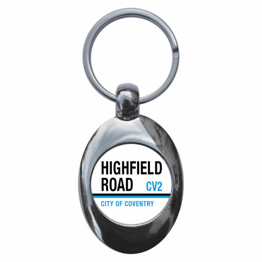 A picture of the front of the product, titled Highfield Road City Of Coventry CV2 Road Sign Metal Keyring With Trolley Coin