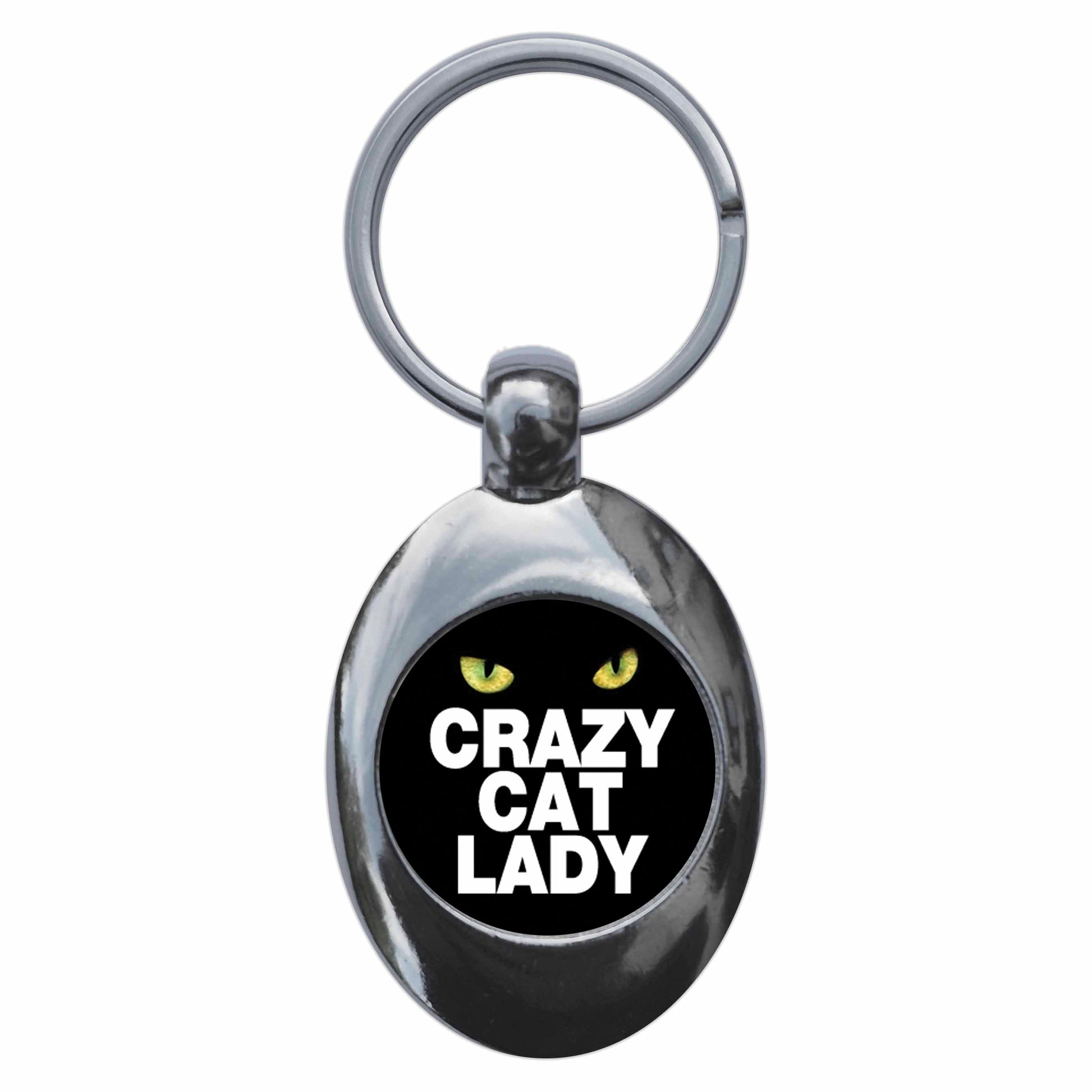 A picture of the front of the product, titled Crazy Cat Lady Metal Keyring With Trolley Coin