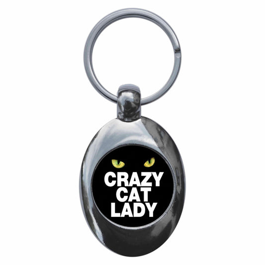 A picture of the front of the product, titled Crazy Cat Lady Metal Keyring With Trolley Coin