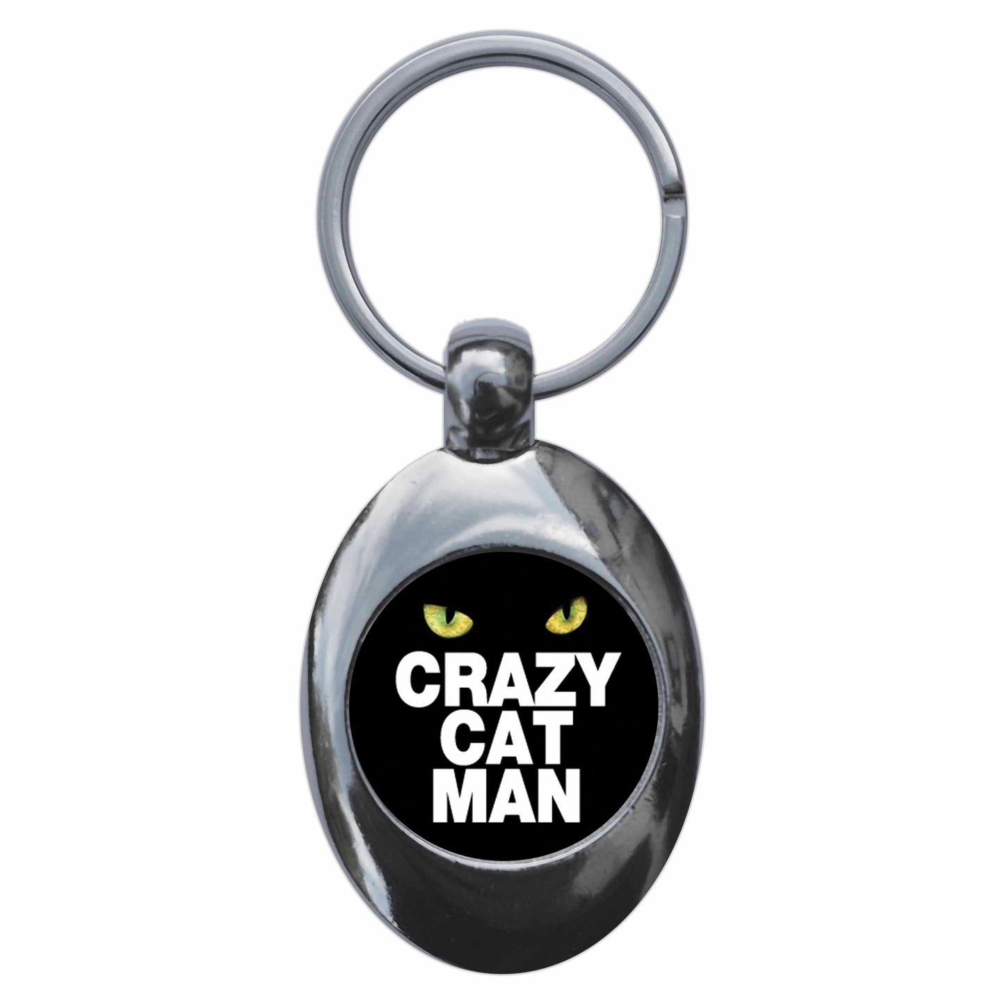 A picture of the front of the product, titled Crazy Cat Man Metal Keyring With Trolley Coin