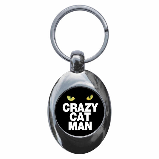 A picture of the front of the product, titled Crazy Cat Man Metal Keyring With Trolley Coin