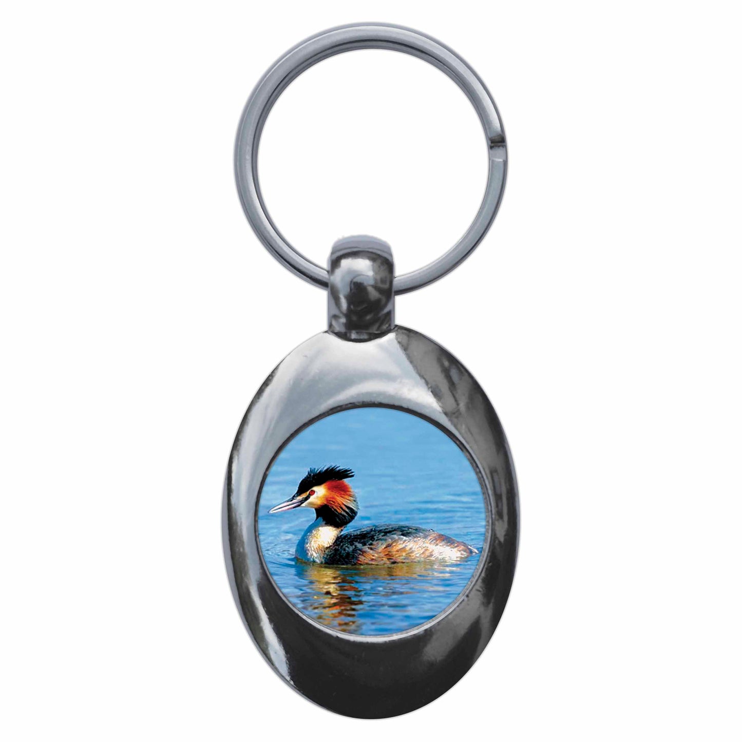 A picture of the front of the product, titled Crested Grebe Metal Keyring With Trolley Coin