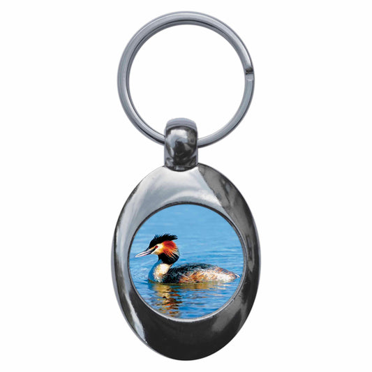 A picture of the front of the product, titled Crested Grebe Metal Keyring With Trolley Coin
