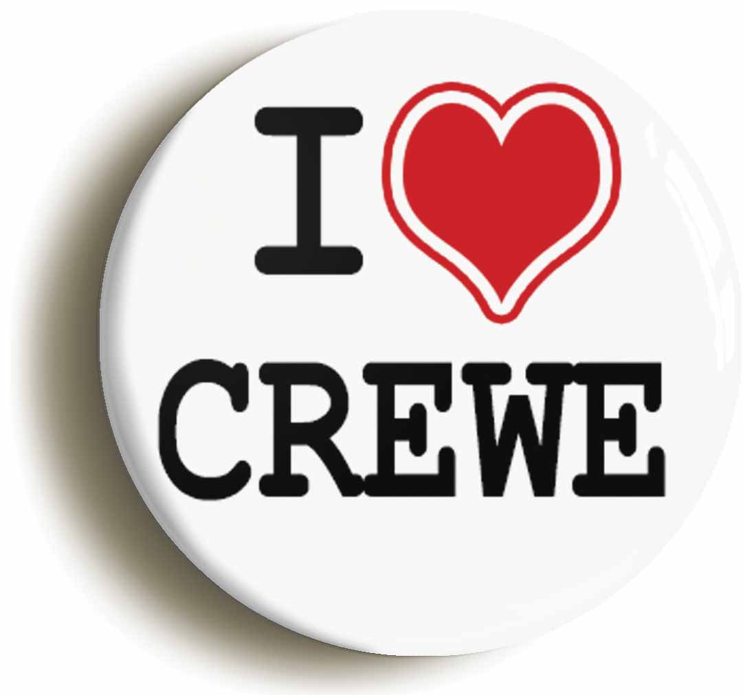 A picture of the front of the product, titled I Heart Love Crewe Circular 50mm Fridge Magnet