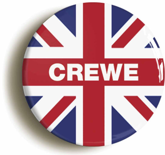 A picture of the front of the product, titled Crewe Union Jack Button Pin Badge