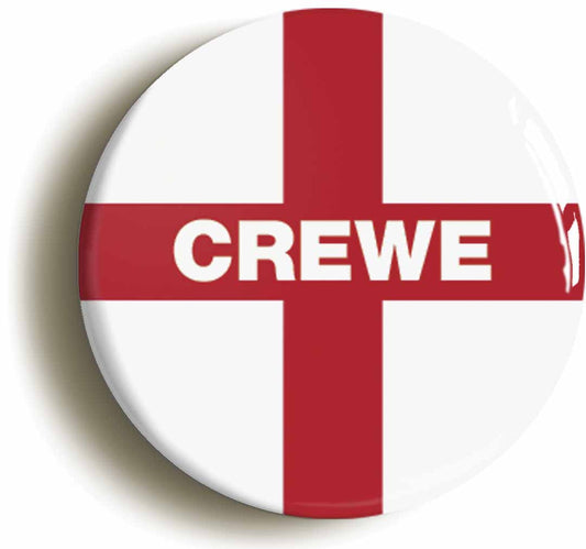 A picture of the front of the product, titled Crewe England Flag Circular 50mm Fridge Magnet