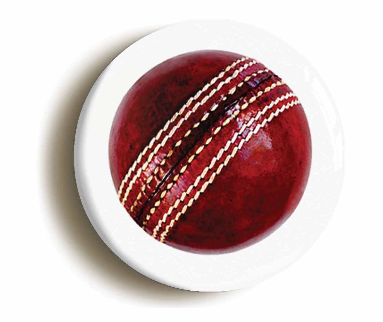 A picture of the front of the product, titled Cricket Ball Button Pin Badge
